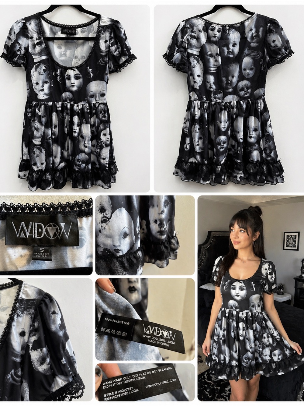 Dolls Kill Black & White Doll Face Mini Dress, Babydoll Dress